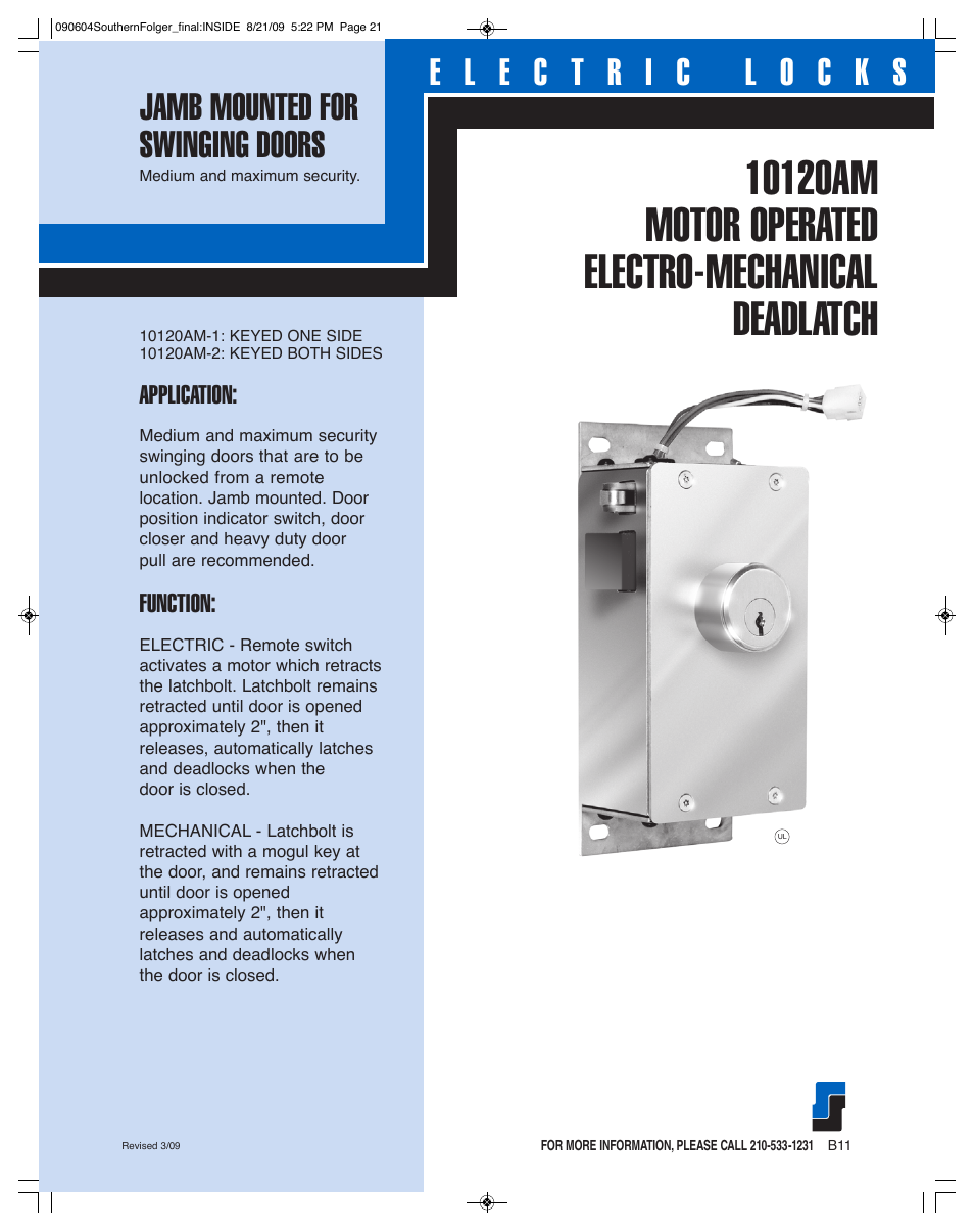 Southern Folger 10120AM MOTOR OPERATED ELECTRO-MECHANICAL DEADLATCH User Manual | 2 pages