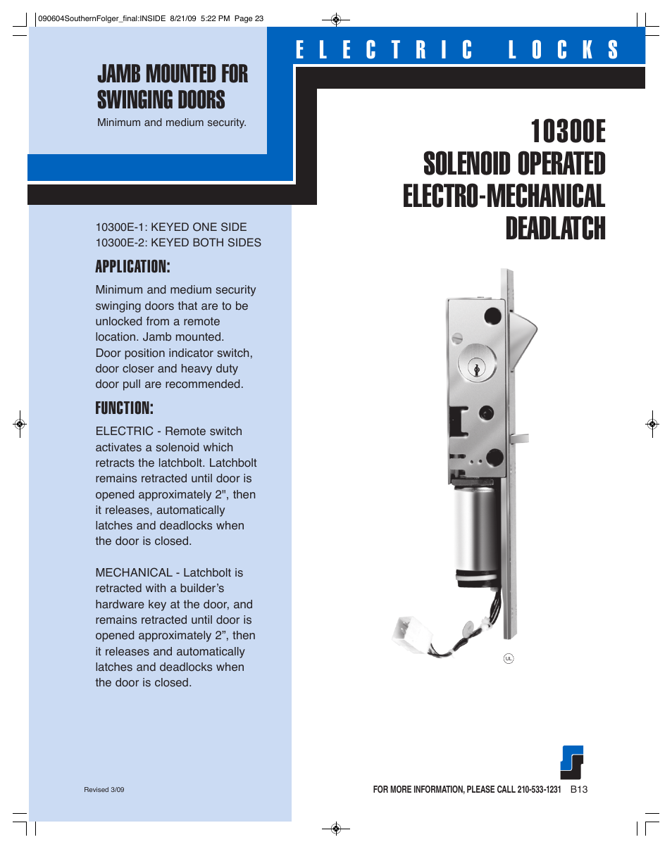 Southern Folger 10300E SOLENOID OPERATED ELECTRO-MECHANICAL DEADLATCH User Manual | 2 pages