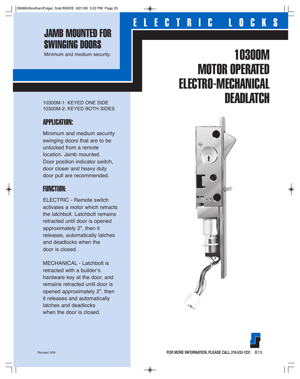 Southern Folger 10300M MOTOR OPERATED ELECTRO-MECHANICAL DEADLATCH User Manual | 2 pages