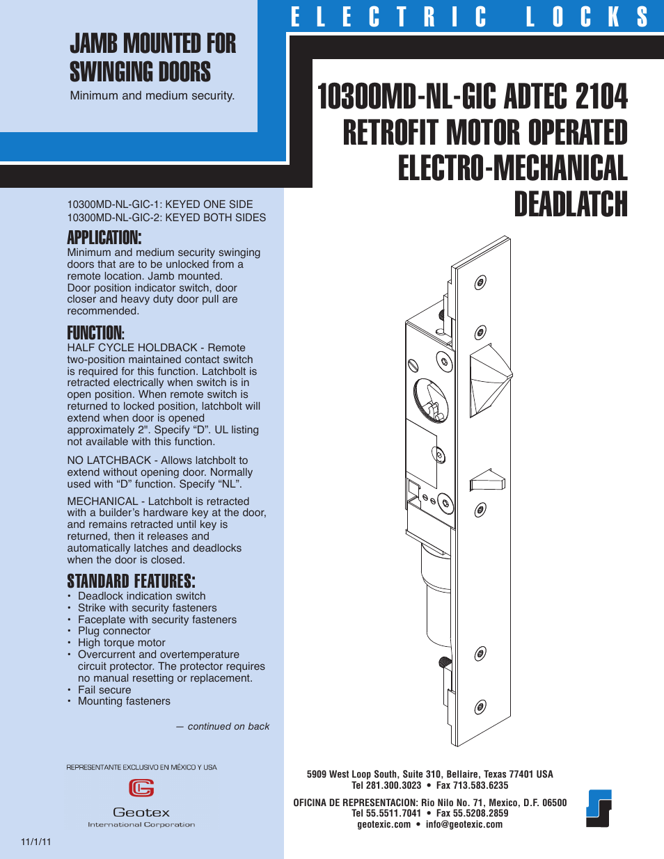 Southern Folger 10300MD-NL-GIC ADTEC 2104 RETROFIT MOTOR OPERATED ELECTRO-MECHANICAL DEADLATCH User Manual | 2 pages