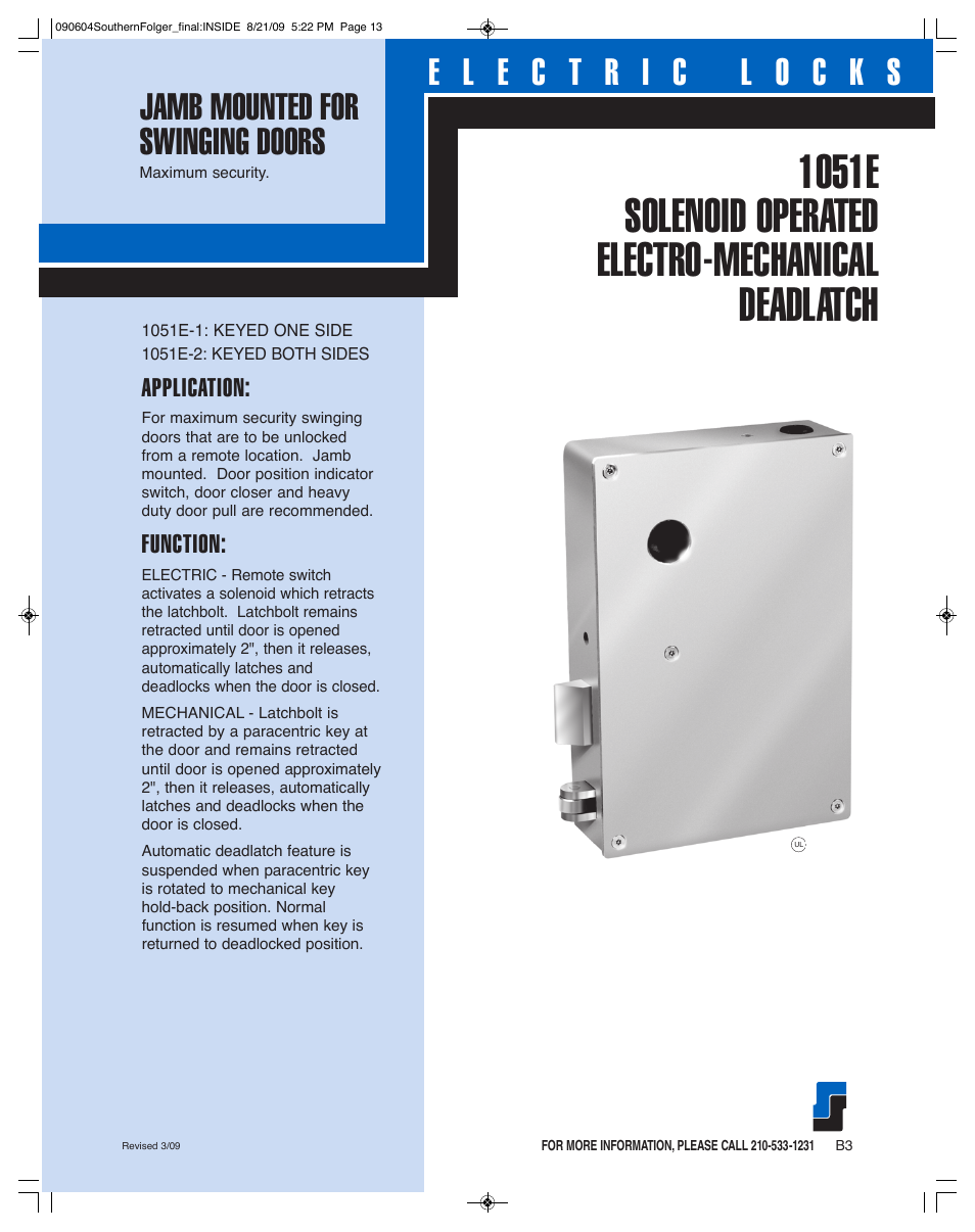 Southern Folger 1051E SOLENOID OPERATED ELECTRO-MECHANICAL DEADLATCH User Manual | 2 pages