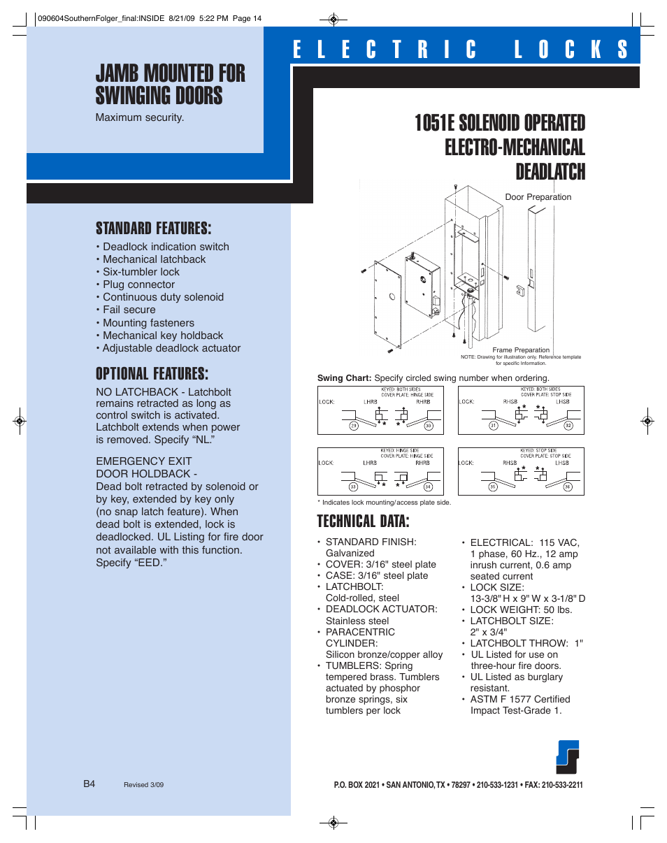 Standard features, Optional features, Technical data | Southern Folger 1051E SOLENOID OPERATED ELECTRO-MECHANICAL DEADLATCH User Manual | Page 2 / 2