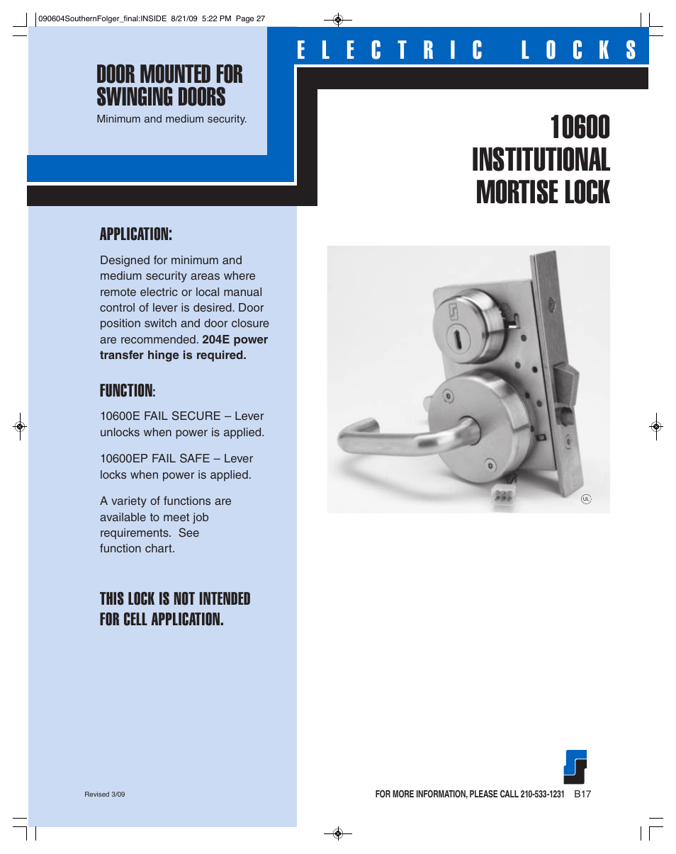 Southern Folger 10600 INSTITUTIONAL MORTISE LOCK User Manual | 4 pages