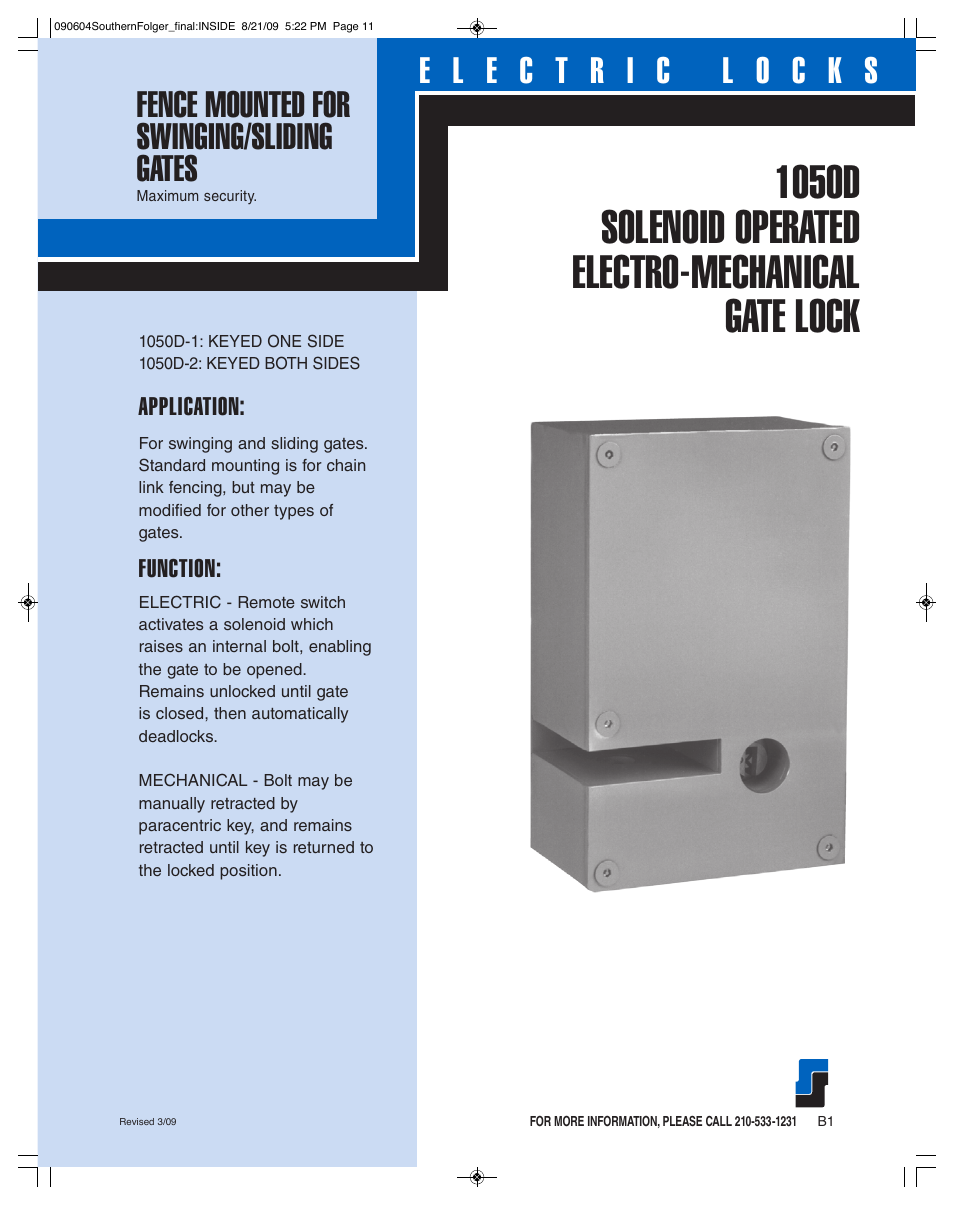 Southern Folger 1050D SOLENOID OPERATED ELECTRO-MECHANICAL GATE LOCK User Manual | 2 pages