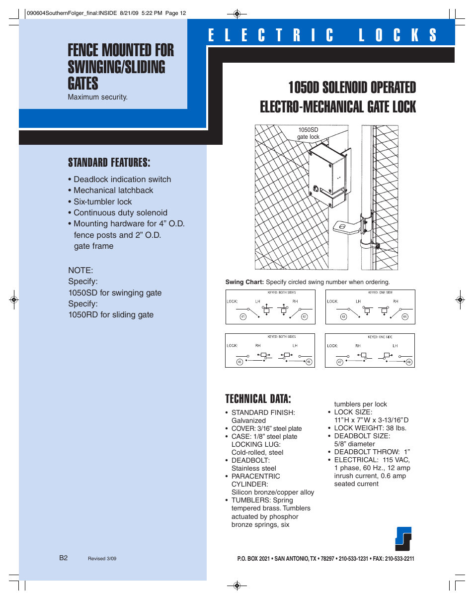 Standard features, Technical data | Southern Folger 1050D SOLENOID OPERATED ELECTRO-MECHANICAL GATE LOCK User Manual | Page 2 / 2