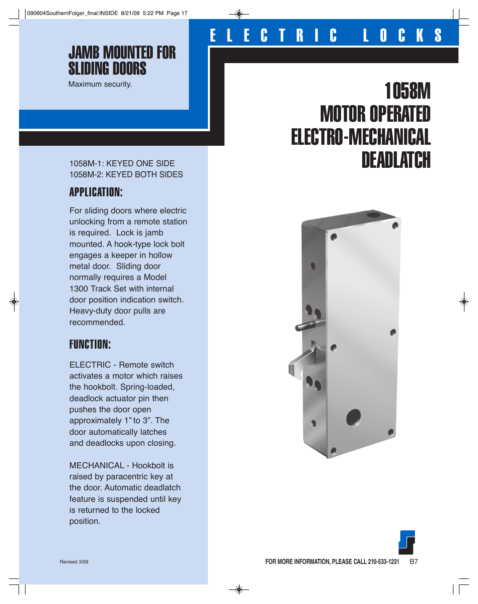 Southern Folger 1058M MOTOR OPERATED ELECTRO-MECHANICAL DEADLATCH User Manual | 2 pages