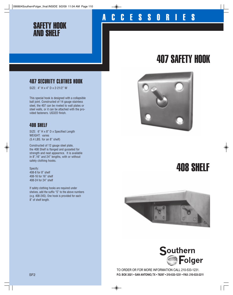 Southern Folger 408 SHELF User Manual | 1 page