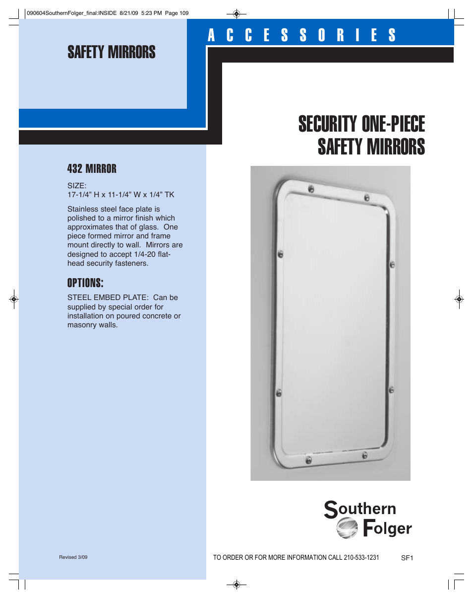 Southern Folger SECURITY ONE-PIECE SAFETY 432 MIRRORS User Manual | 1 page