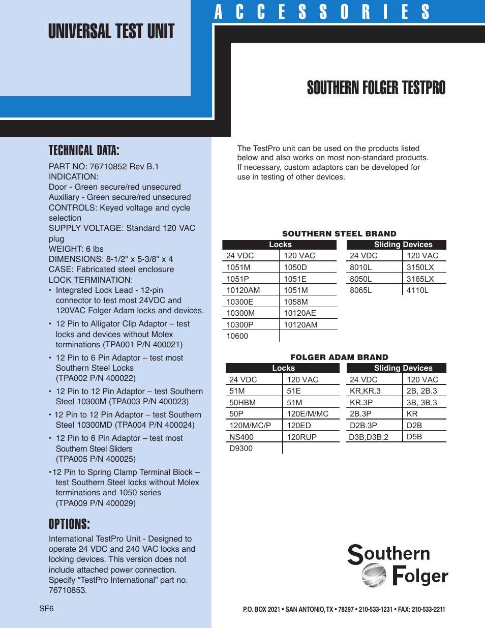 Universal test unit, Southern folger testpro, Technical data | Options | Southern Folger TESTPRO UNIVERSAL TEST UNIT User Manual | Page 2 / 2