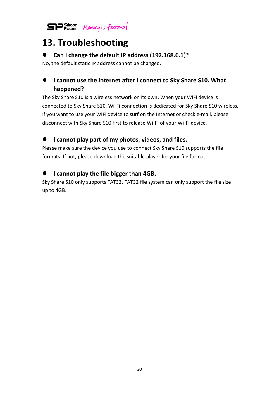 Troubleshooting | SP / Silicon Power Sky Share S10 User Manual | Page 30 / 32