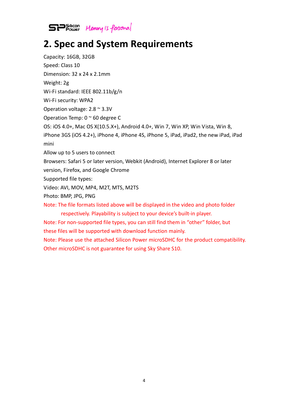 Spec and system requirements | SP / Silicon Power Sky Share S10 User Manual | Page 4 / 32