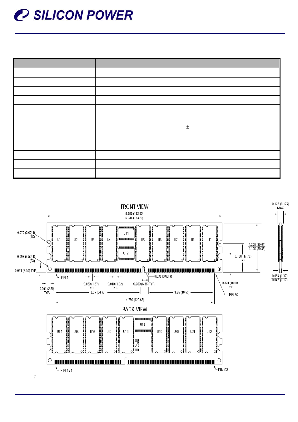 Module specification, Contact tab | SP / Silicon Power SP001GBRDE333O01 User Manual | Page 2 / 4