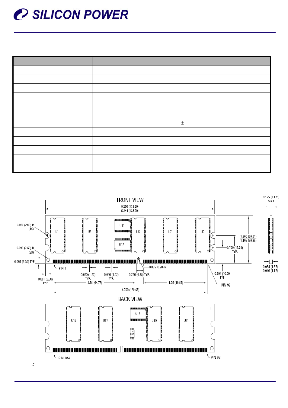 Module specification, Contact tab | SP / Silicon Power SP512MBRDE333K01 User Manual | Page 2 / 4