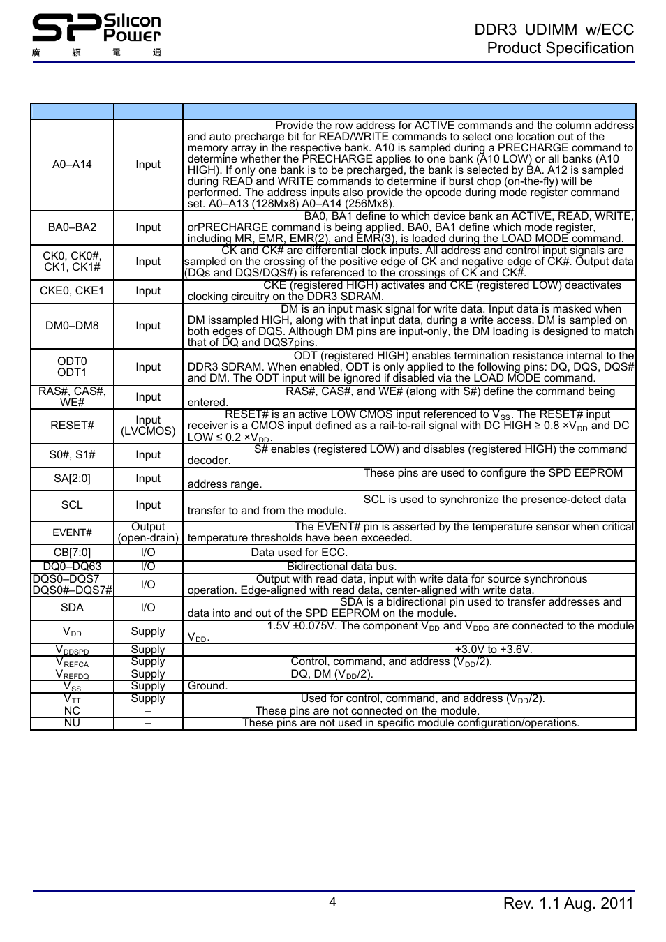 Pin description, Ddr3 udimm w/ecc product specification | SP / Silicon Power SP004GBLTE133V01 User Manual | Page 4 / 6