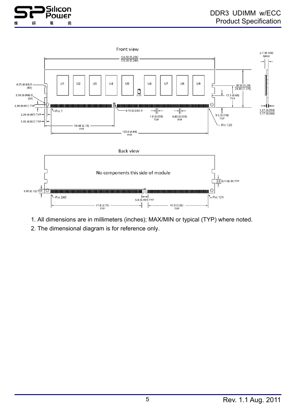 Simplified mechanical drawing(x8 1rank) | SP / Silicon Power SP004GBLTE133V01 User Manual | Page 5 / 6