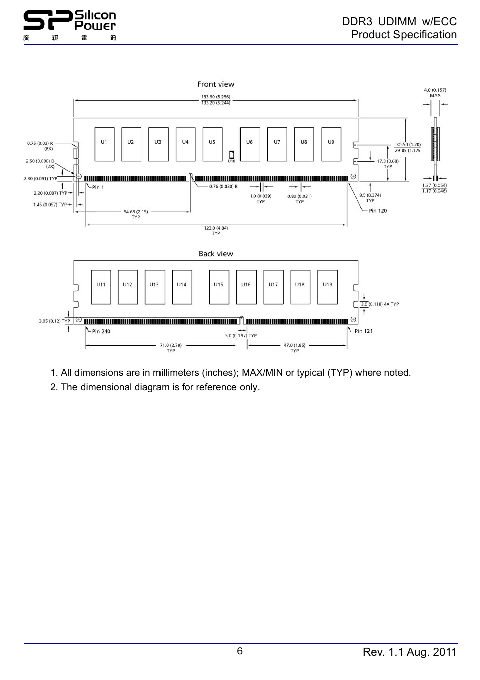 Simplified mechanical drawing(x8 2ranks) | SP / Silicon Power SP004GBLTE133V01 User Manual | Page 6 / 6