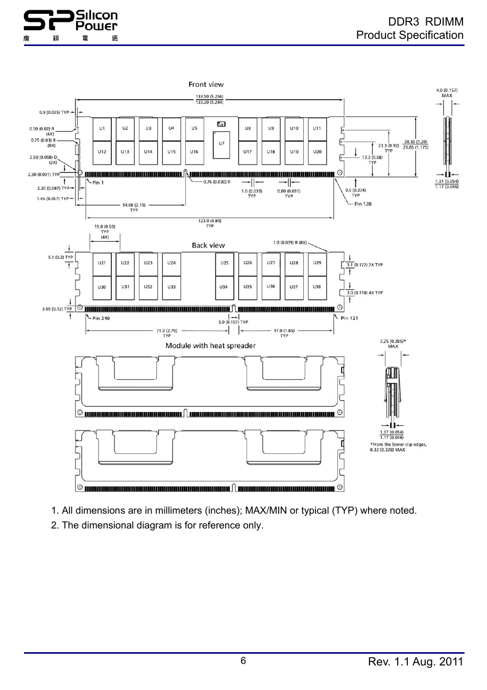 Simplified mechanical drawing(x4 2ranks) | SP / Silicon Power SP008GBRTE133M0A User Manual | Page 6 / 8
