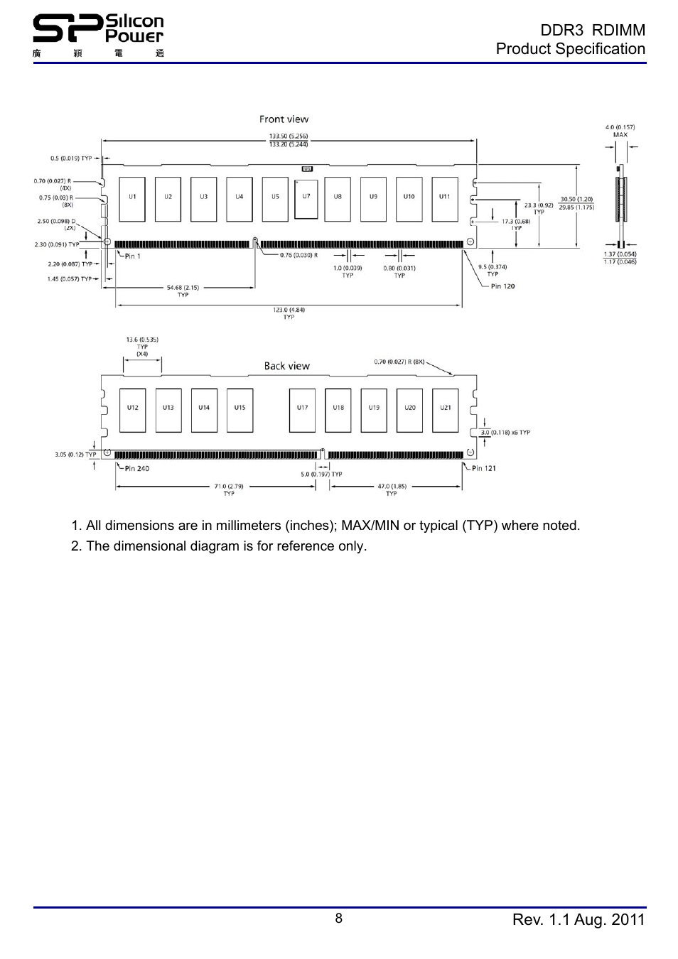 Simplified mechanical drawing(x8 2ranks) | SP / Silicon Power SP008GBRTE133M0A User Manual | Page 8 / 8