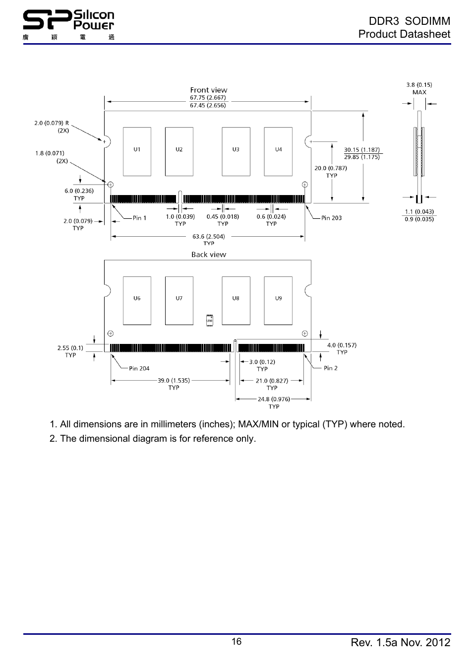 Simplified mechanical drawing(x8 1rank) | SP / Silicon Power SP008GBSTU160N02 User Manual | Page 16 / 19