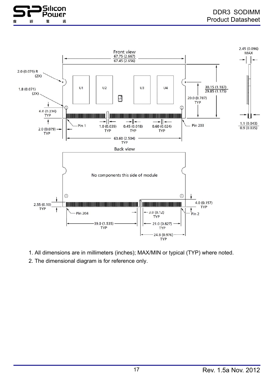 Simplified mechanical drawing(x16 1rank) | SP / Silicon Power SP008GBSTU160N02 User Manual | Page 17 / 19