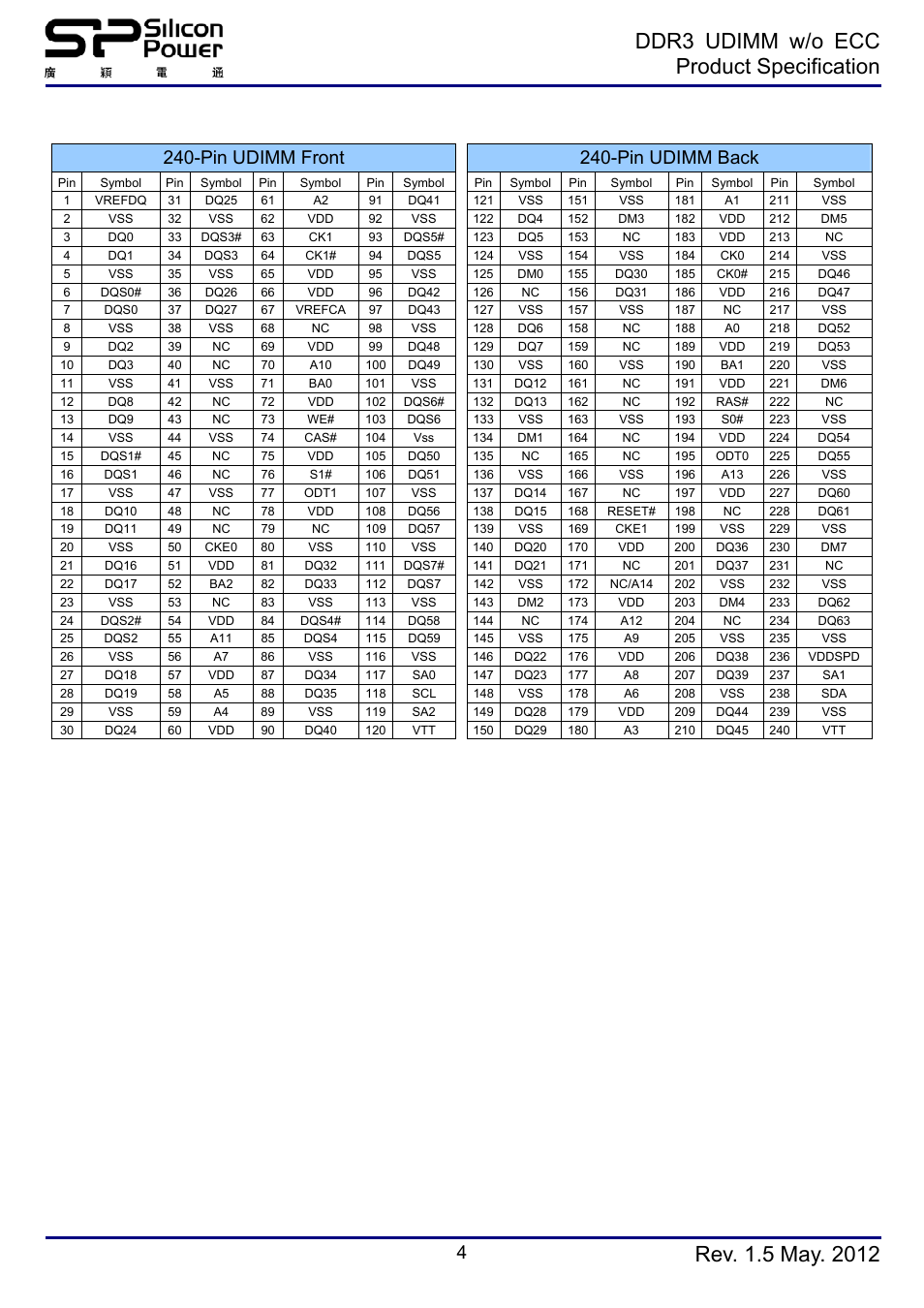 Pin assignments, Ddr3 udimm w/o ecc product specification, Pin udimm front 240-pin udimm back | SP / Silicon Power SP008GBLTU160N02 User Manual | Page 4 / 7