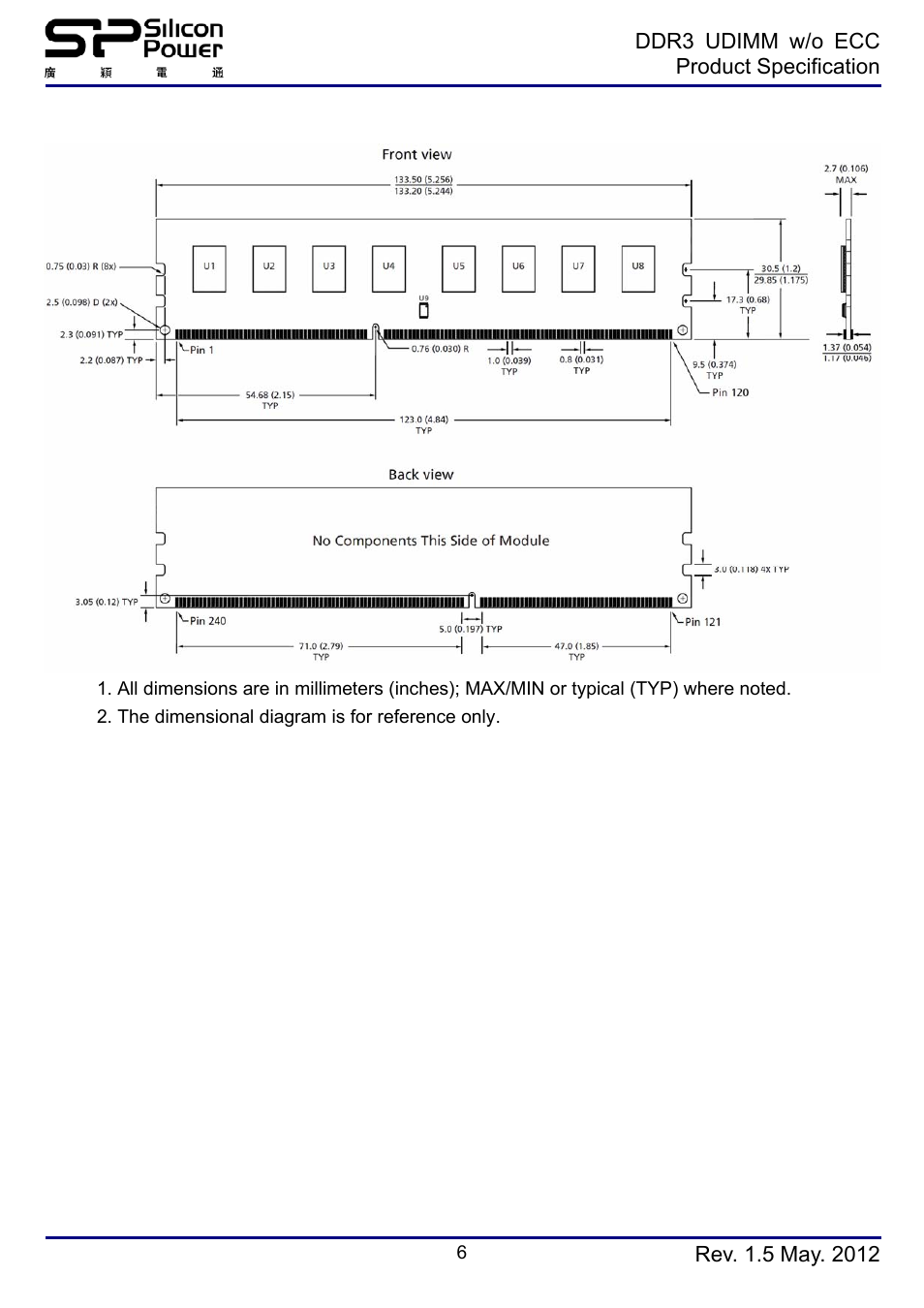 Simplified mechanical drawing(x8 1rank) | SP / Silicon Power SP008GBLTU160N02 User Manual | Page 6 / 7