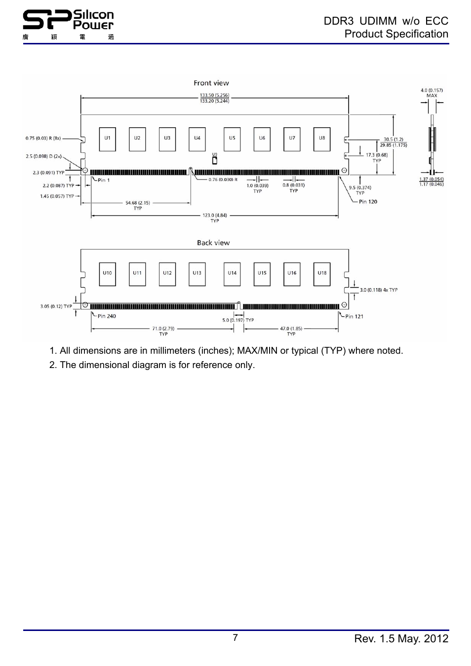 Simplified mechanical drawing(x8 2ranks) | SP / Silicon Power SP008GBLTU160N02 User Manual | Page 7 / 7