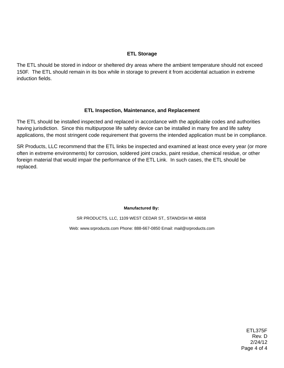 SR Products ETL121375 Nominal Temperature Rating User Manual | Page 4 / 4