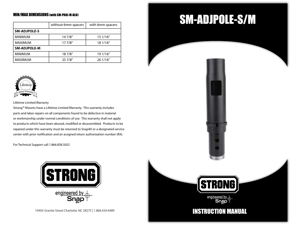 Staub Electronics SM-ADJPOLE-S STRONG - SMALL ADJUSTABLE EXTENSION POLE FOR STRONG - PROJECTOR MOUNTS (9-12) User Manual | 2 pages