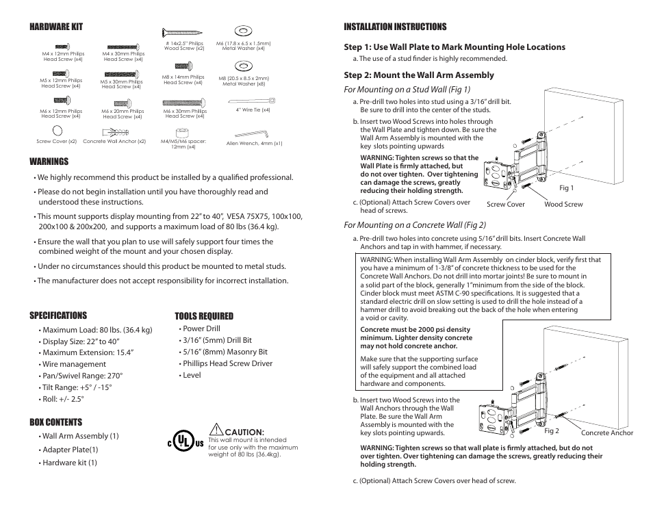 Warnings, Specifications, Box contents | For mounting on a concrete wall (fig 2), Hardware kit, Tools required | Staub Electronics SM-ART1-M STRONG - ARTICULATING MOUNT FOR 22 - 40 FLAT PANEL TVS User Manual | Page 2 / 2