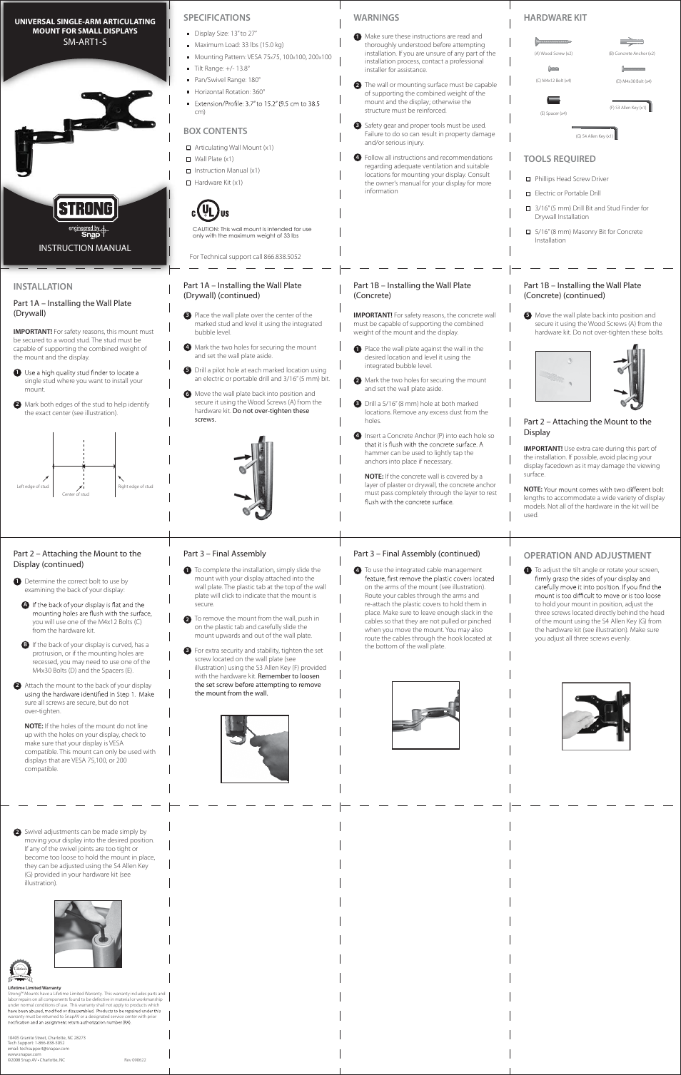 Staub Electronics SM-ART1-S STRONG - ARTICULATING MOUNT FOR 13 - 27 FLAT PANEL TVS User Manual | 1 page