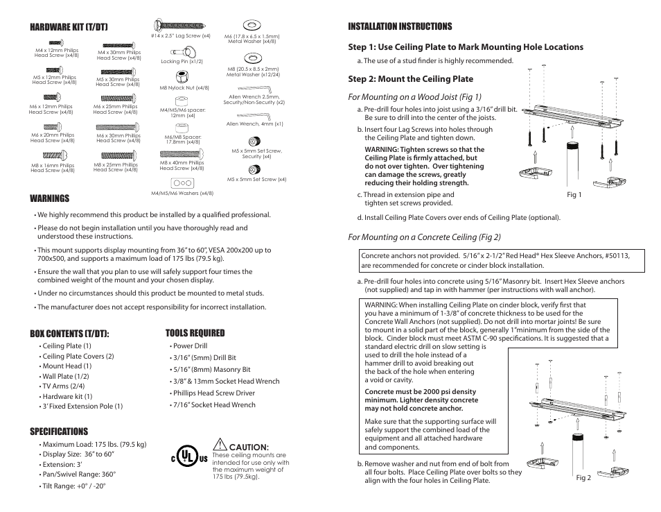 Warnings, Box contents (t/dt), Specifications | For mounting on a concrete ceiling (fig 2), Hardware kit (t/dt), Tools required | Staub Electronics SM-CEILING-T-L STRONG - LARGE CEILING MOUNT FOR 36-60 FLAT PANEL DISPLAYS User Manual | Page 2 / 2