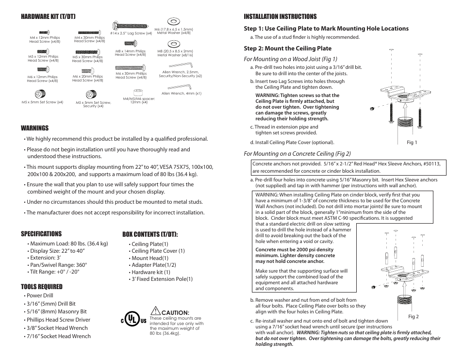 Staub Electronics SM-CEILING-T-M STRONG - MEDIUM CEILING MOUNT FOR 22-40 FLAT PANEL DISPLAYS User Manual | Page 2 / 2