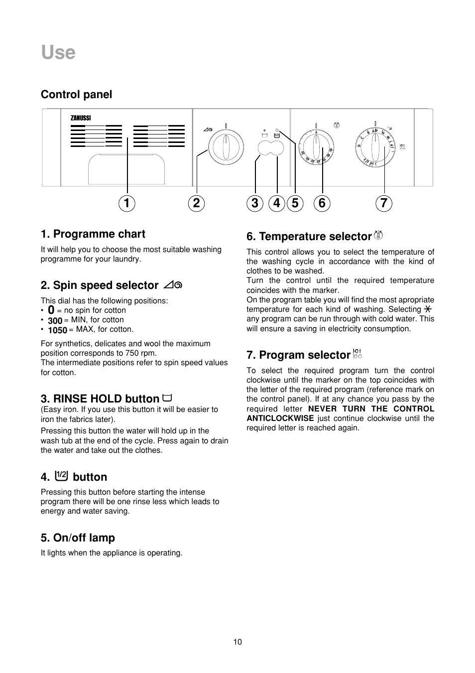 Programme chart, Spin speed selector, Rinse hold button | Button, On/off lamp, Temperature selector, Program selector, Control panel | Zanussi FA 1032 User Manual | Page 10 / 42