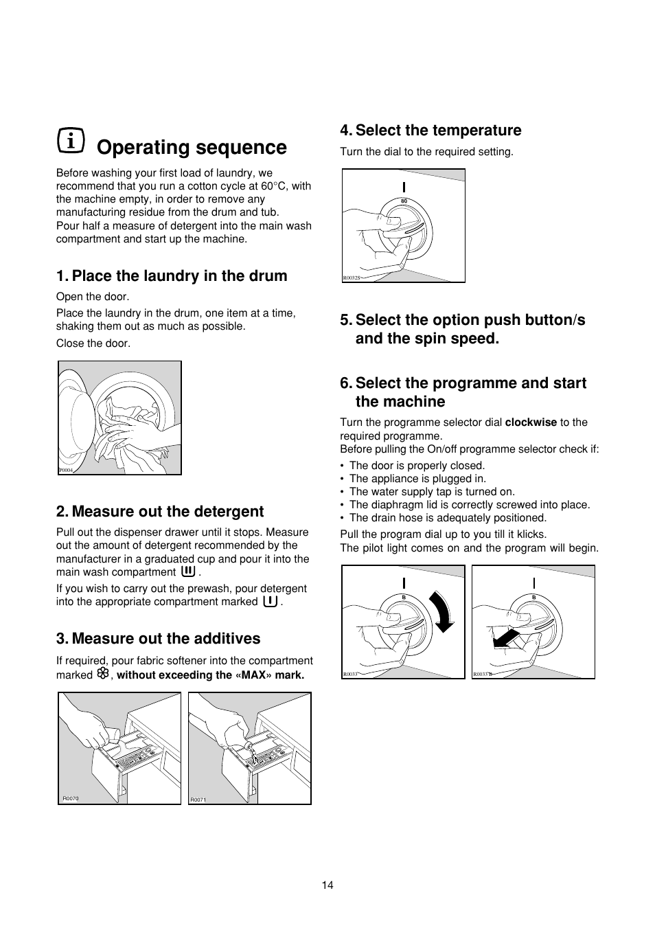 Operating sequence, Select the temperature, Place the laundry in the drum | Measure out the detergent, Measure out the additives | Zanussi FA 1032 User Manual | Page 14 / 42