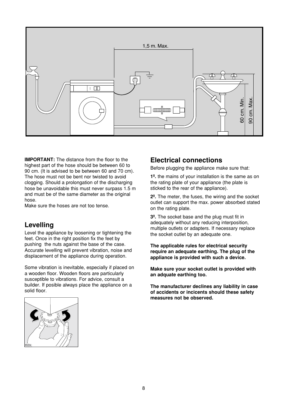 Levelling, Electrical connections | Zanussi FA 1032 User Manual | Page 8 / 42