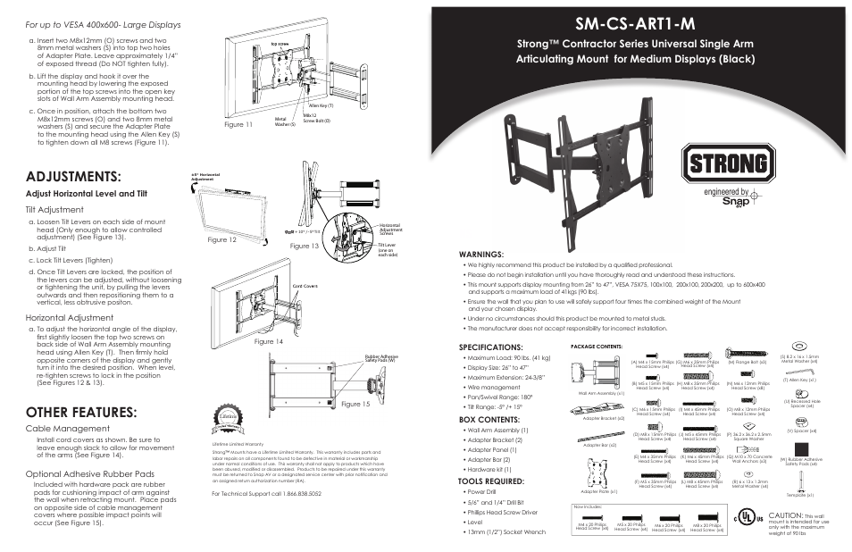 Staub Electronics SM-CS-ART1-M STRONG - CONTRACTOR SERIES ARTICULATING MOUNT FOR 26 - 47 FLAT PANEL TVS User Manual | 2 pages