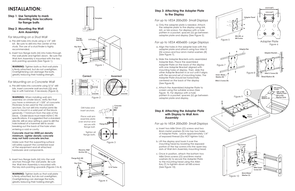 Installation, For mounting on a concrete wall, Correct | Incorrect | Staub Electronics SM-CS-ART1-M STRONG - CONTRACTOR SERIES ARTICULATING MOUNT FOR 26 - 47 FLAT PANEL TVS User Manual | Page 2 / 2