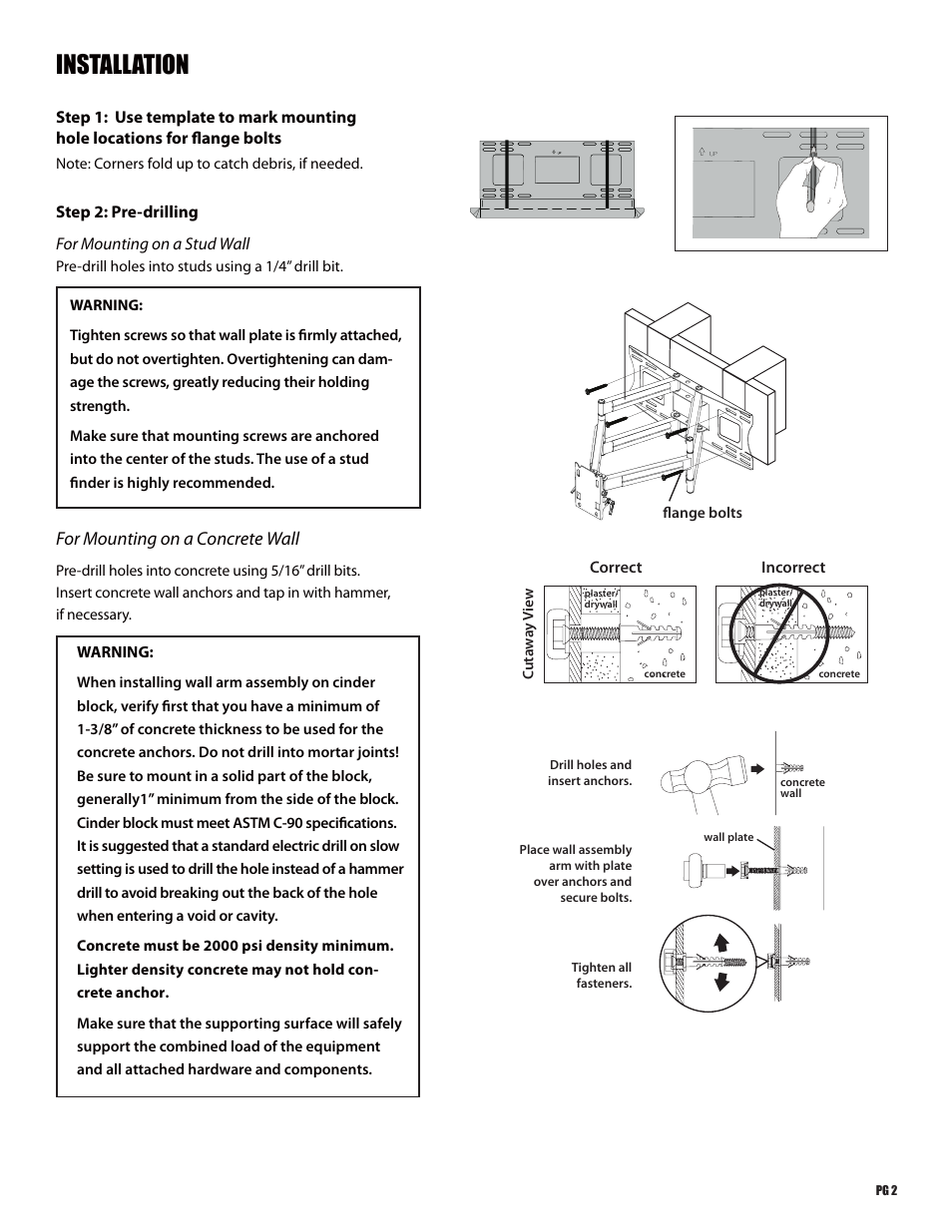 Installation, For mounting on a concrete wall | Staub Electronics SM-CS-ART2-XL STRONG - CONTRACTOR SERIES ARTICULATING MOUNT FOR 47 - 90 FLAT PANEL TVS User Manual | Page 3 / 8