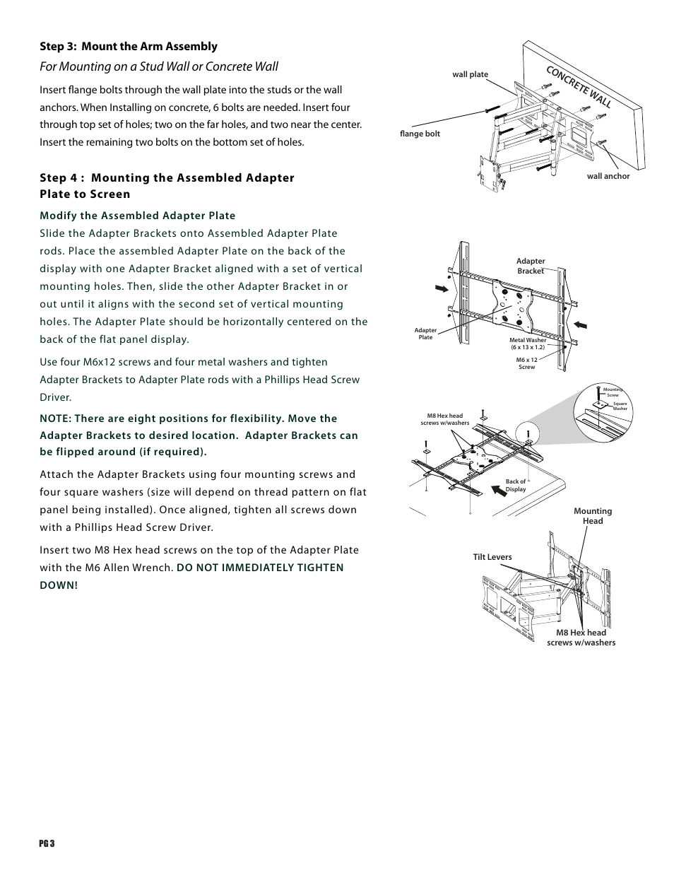 For mounting on a stud wall or concrete wall, Step 3: mount the arm assembly | Staub Electronics SM-CS-ART2-XL STRONG - CONTRACTOR SERIES ARTICULATING MOUNT FOR 47 - 90 FLAT PANEL TVS User Manual | Page 4 / 8