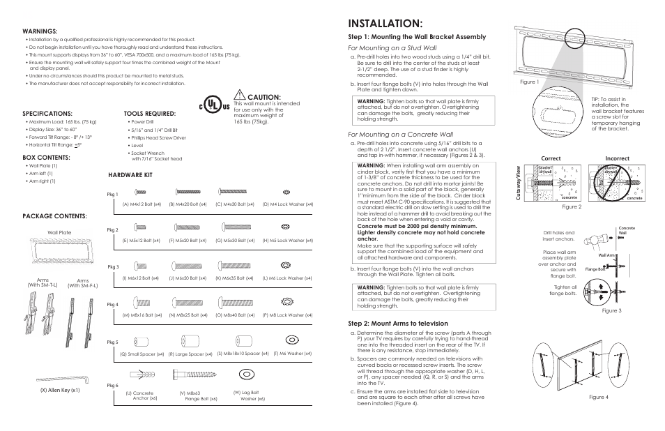 Installation, Caution, For mounting on a concrete wall | Step 2: mount arms to television, Correct, Incorrect, Warnings, Specifications, Box contents, Tools required | Staub Electronics SM-F-L STRONG - LARGE FIXED MOUNT FOR 36-60 FLAT-PANEL TVS User Manual | Page 2 / 2