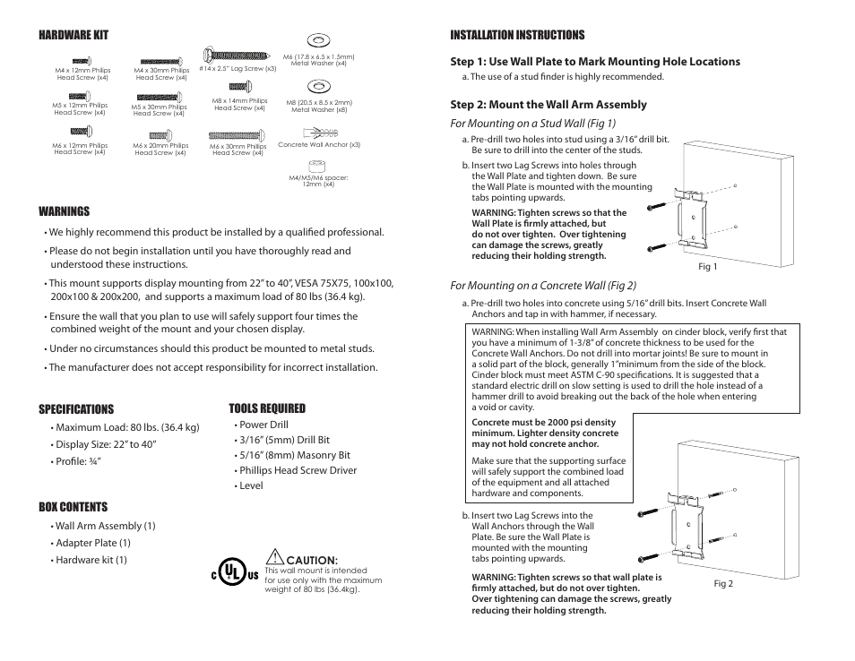 Warnings, Specifications, Box contents | For mounting on a concrete wall (fig 2), Hardware kit, Tools required | Staub Electronics SM-FLAT-M STRONG - MEDIUM LOW PROFILE FLAT MOUNT FOR 22-40 DISPLAYS User Manual | Page 2 / 2