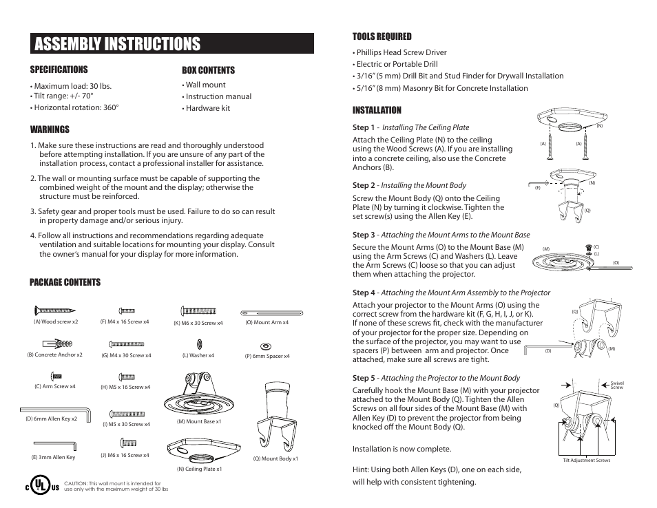 Assembly instructions | Staub Electronics SM-PROJ-M-BLK STRONG - UNIVERSAL PROJECTOR MOUNT FOR PROJECTORS UP TO 30LBS User Manual | Page 2 / 2