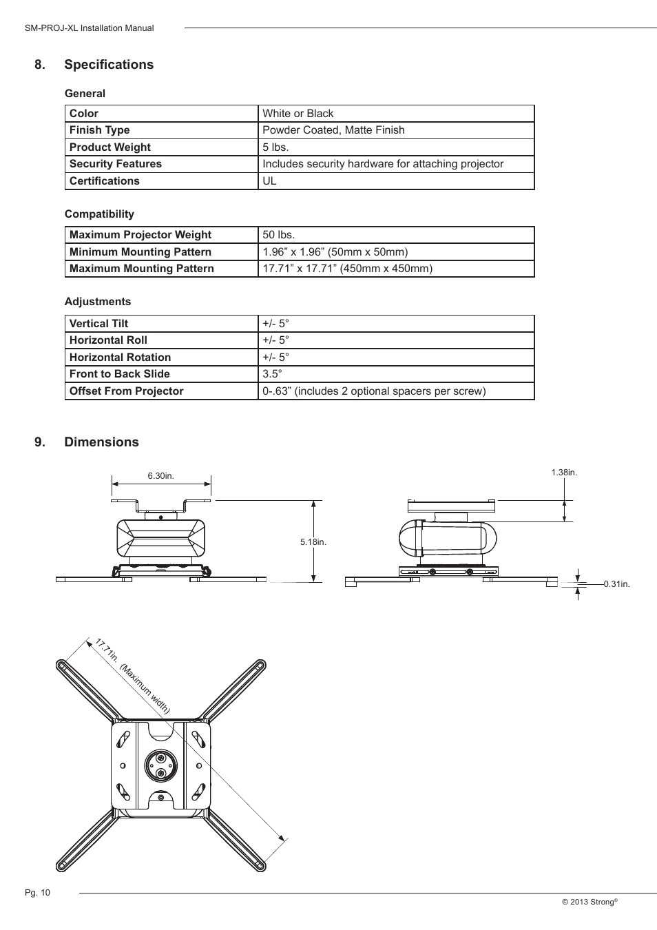 Dimensions 8. specifications | Staub Electronics SM-PROJ-XL-BLK STRONG - UNIVERSAL FINE ADJUST PROJECTOR MOUNT User Manual | Page 10 / 12