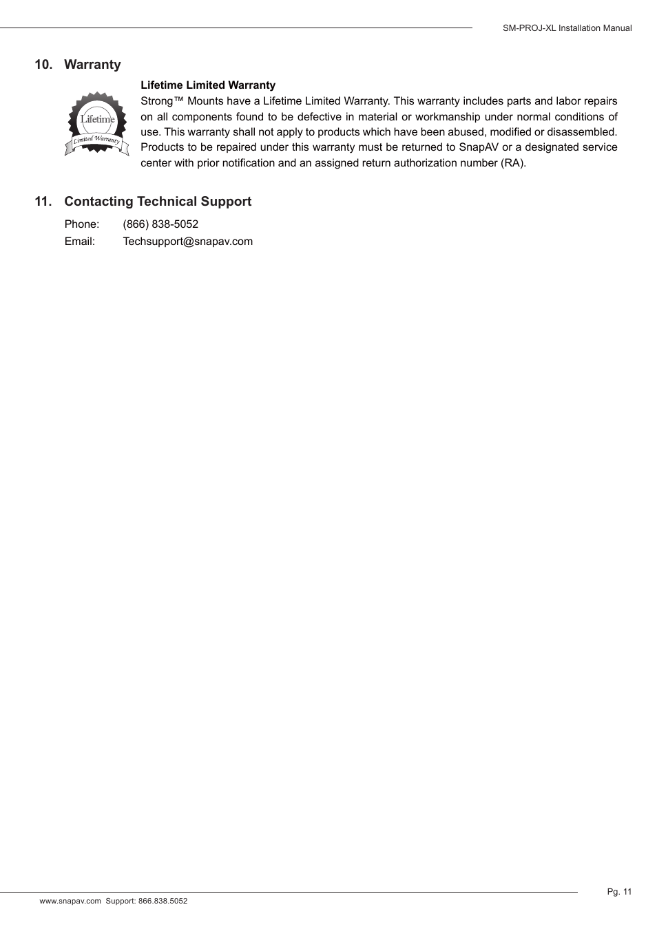 Warranty 11. contacting technical support | Staub Electronics SM-PROJ-XL-BLK STRONG - UNIVERSAL FINE ADJUST PROJECTOR MOUNT User Manual | Page 11 / 12
