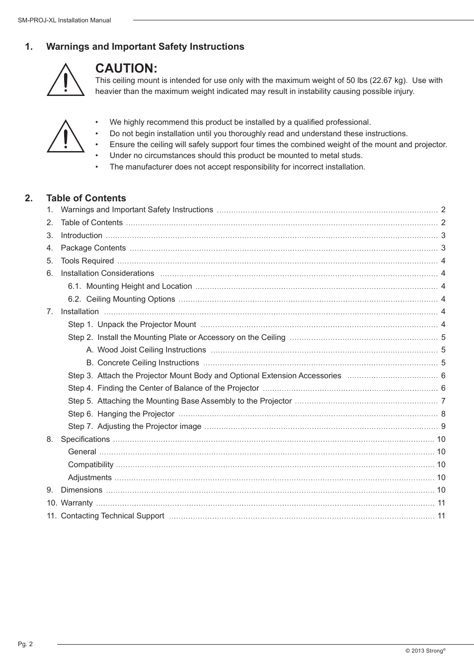 Caution | Staub Electronics SM-PROJ-XL-BLK STRONG - UNIVERSAL FINE ADJUST PROJECTOR MOUNT User Manual | Page 2 / 12