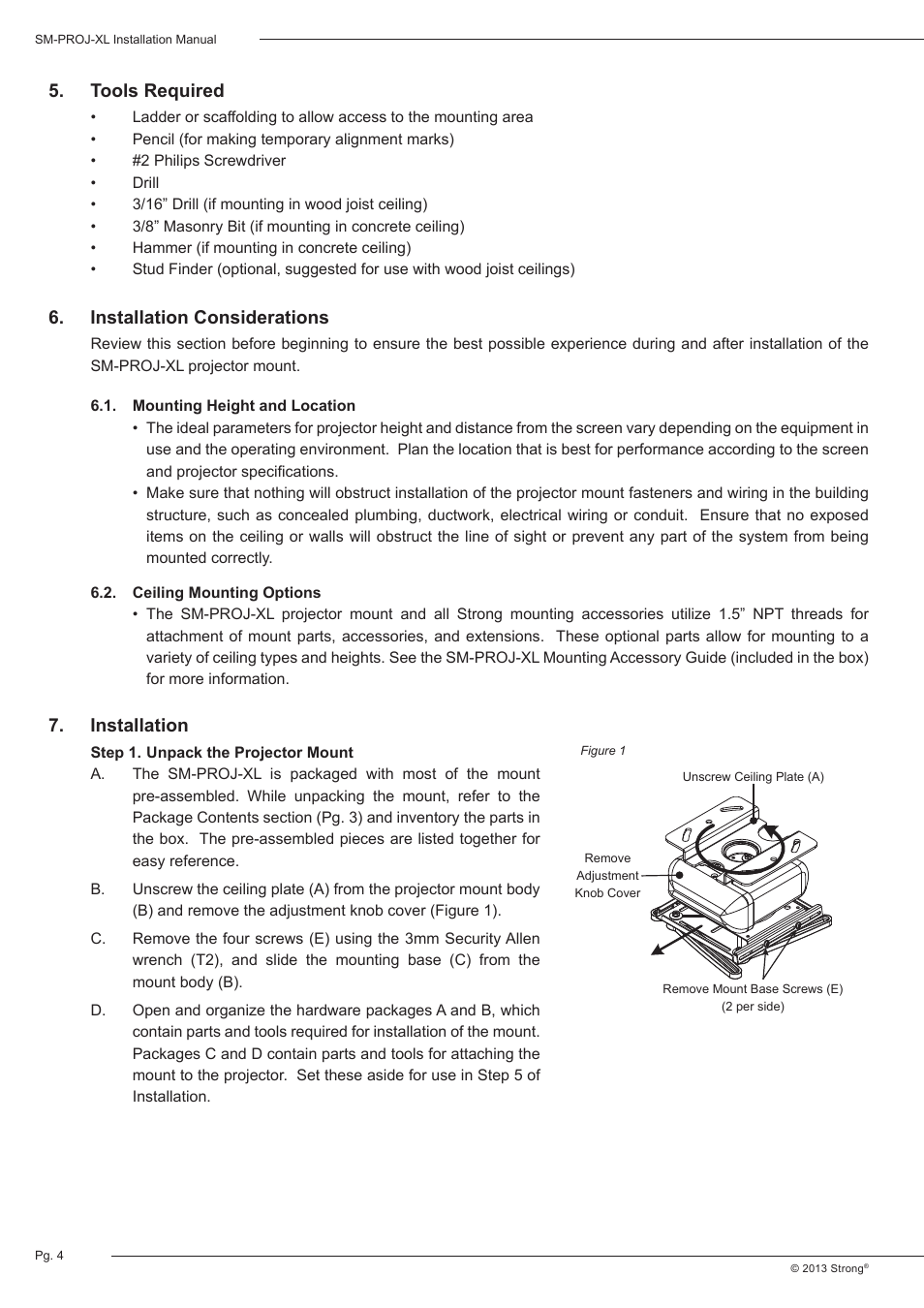 Tools required, Installation considerations 7. installation | Staub Electronics SM-PROJ-XL-BLK STRONG - UNIVERSAL FINE ADJUST PROJECTOR MOUNT User Manual | Page 4 / 12