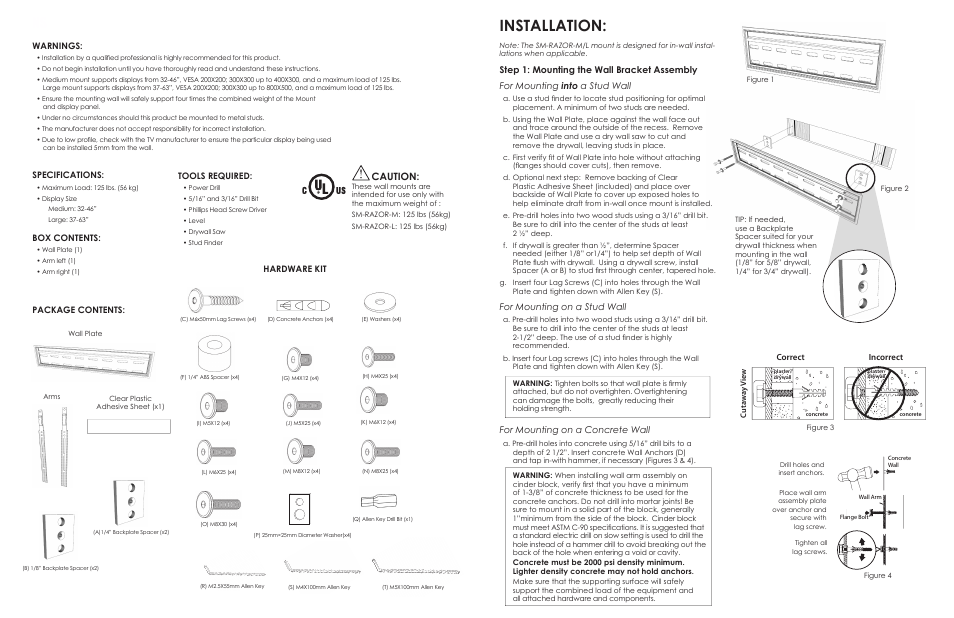 Installation, Caution, For mounting on a stud wall | For mounting on a concrete wall, Correct, Incorrect, Warnings, Specifications, Box contents, Tools required | Staub Electronics SM-RAZOR-M STRONG - MEDIUM FIXED ZERO CLEARANCE MOUNT FOR 23-46 User Manual | Page 2 / 2