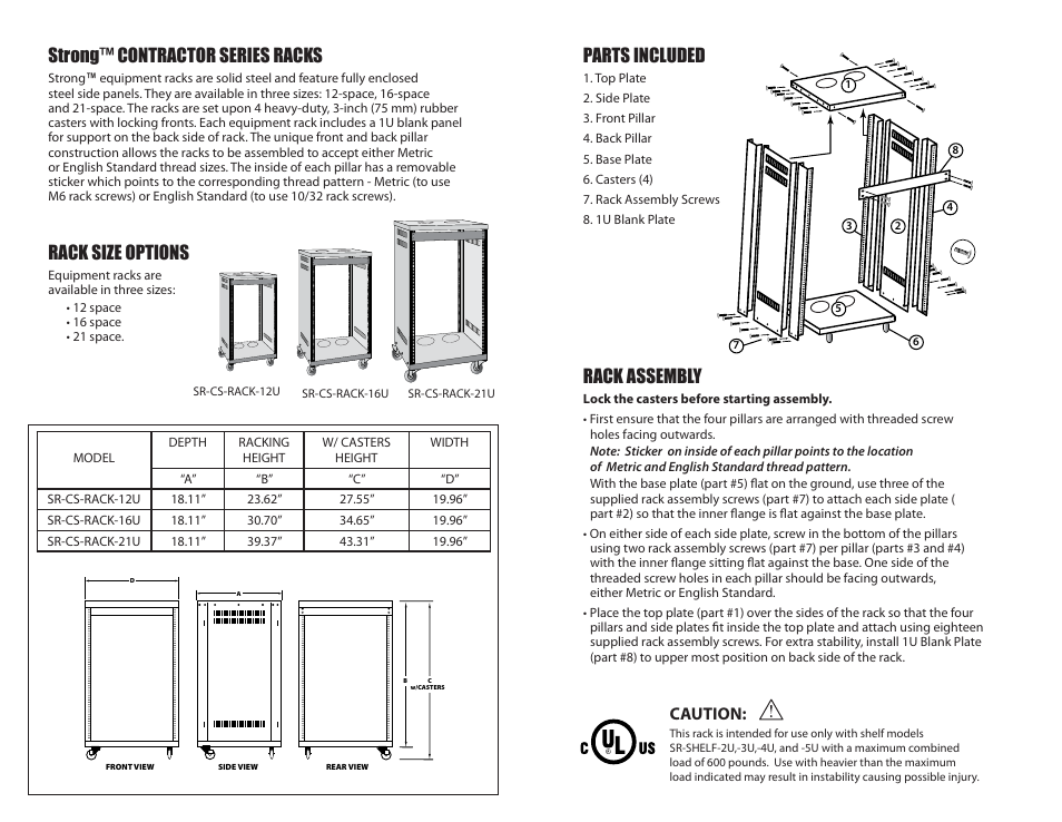 Strong™ contractor series racks, Rack size options, Parts included | Rack assembly, Caution | Staub Electronics SR-CS-RACK-21U STRONG - CONTRACTOR SERIES 21U WITH SIDE PANELS AND FINES FLOOR CASTERS User Manual | Page 2 / 2