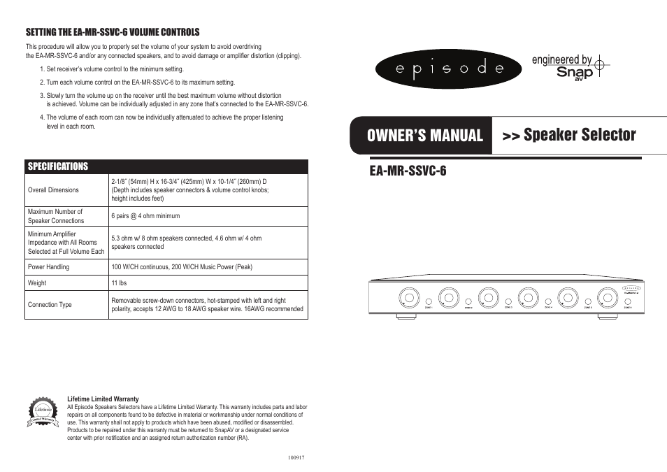 Staub Electronics EA-MR-SSVC-6 EPISODE - 6 ZONE SPEAKER SELECTOR W_VC User Manual | 2 pages